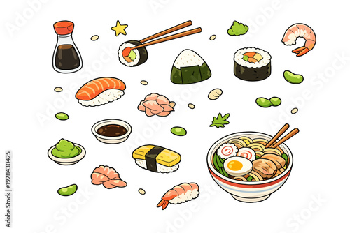 This illustration features various Japanese dishes such as a bowl of ramen, different types of sushi, onigiri, and shrimp, along with wasabi and soy sauce on a black backdrop.