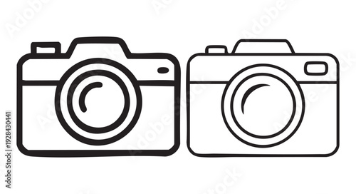Hand drawn and outline camera icons, simple sketches of photography devices