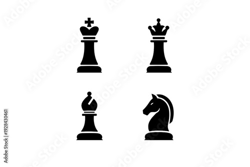 Four black chess pieces including a king, queen, bishop, and knight are displayed in a two-by-two grid layout on a dark background. This minimalist graphic uses simple outlines.