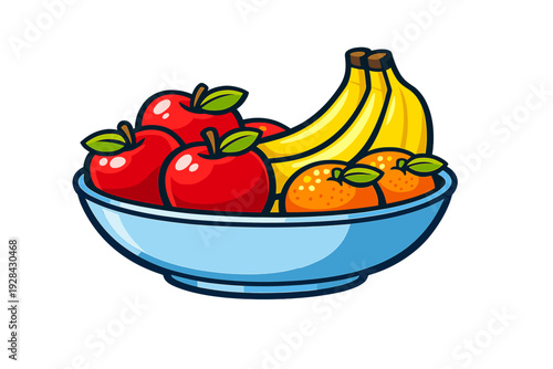 A vibrant vector illustration depicts a light blue bowl overflowing with a variety of fresh fruits, including red apples, yellow bananas, and oranges.