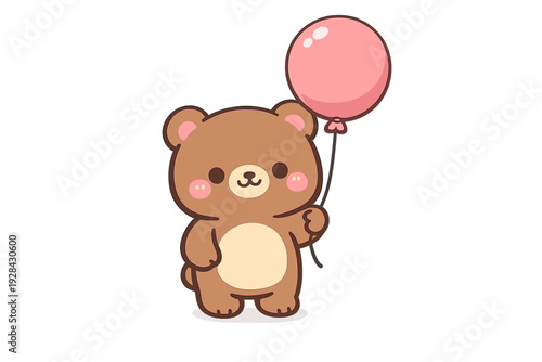 A cute brown cartoon bear stands holding a single pink balloon against a black background. The bear has pink cheeks and a cream belly in a simple kawaii illustration style.