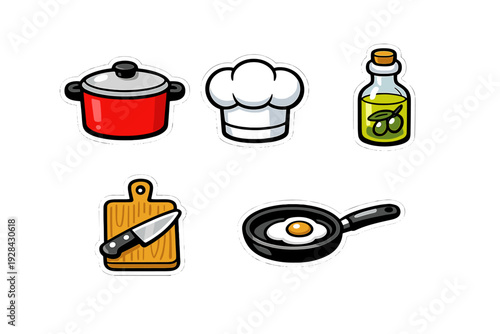 A collection of five cartoon cooking stickers including a red pot, a chef hat, olive oil, a cutting board with a knife, and a frying pan with a fried egg on a black background.