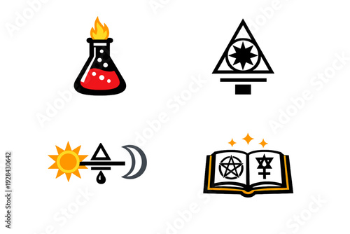 Four alchemical and mystical symbols are displayed on a black background, featuring a potion flask, a geometric star triangle, sun and moon icons, and an open book with occult markings.