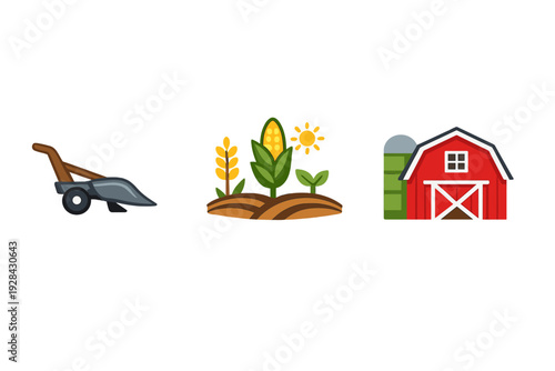 A set of three agricultural icons depicting a manual plow, various crops growing in soil under the sun, and a red farm barn with a silo, all presented in a flat design style.