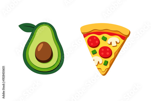 A stylized papercut illustration featuring a halved green avocado with its brown pit and a slice of pepperoni pizza with mushrooms and green peppers on a black background.