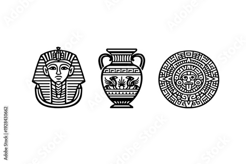 A collection of three white line art icons on a black background depicting an Egyptian pharaoh, an ancient Greek vase, and a circular Aztec sun stone calendar.