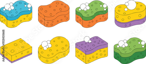 Yellow Kitchen Sponges with Soap Foam and Bubbles for Dish Plates Cutlery Cups Cleaning Vector Illustration Set