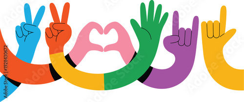 Long Cartoon Arms with Positive Hand Gestures Thumb Up Victory Heart and OK Signs Vector Set