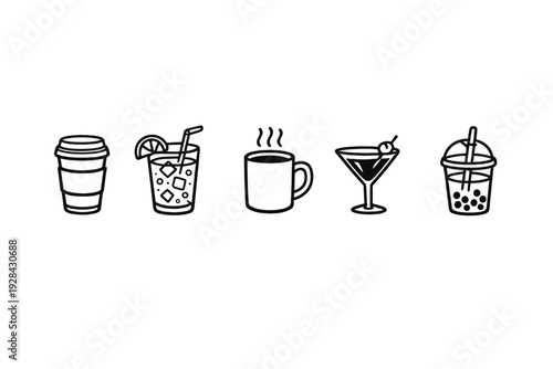 A set of five minimalist line art icons representing various beverages including coffee, a cold drink with ice, a steaming mug, a martini cocktail, and a bubble tea with pearls.