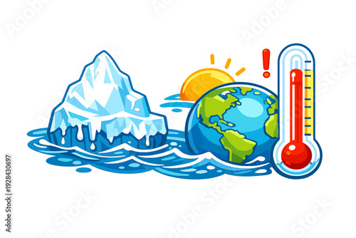 A cartoon illustration depicting global warming with a melting iceberg in the ocean, a globe of the Earth, a rising sun, and a thermometer showing a high temperature alert.
