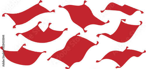 Cute Magic Carpet Character Vector Set with Red Arabian Fairy Tale Rugs in Funny Flying Poses Illustration