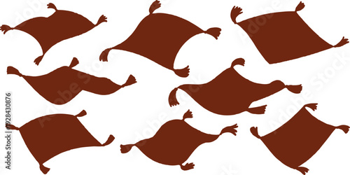 Cute Magic Carpet Character Vector Set with Red Arabian Fairy Tale Rugs in Funny Flying Poses Illustration