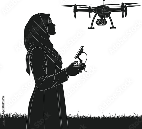 Woman operating a drone with a remote control