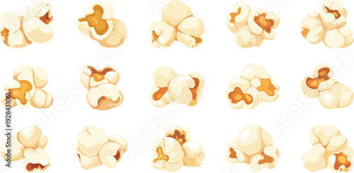 Cute Cartoon Popcorn Kernels and Grains Set with Funny Expressions Cinema Snack Vector Illustration Collection