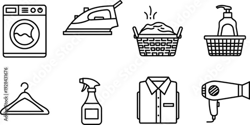 Icon bundle for laundry and cleaning services featuring washing machine iron laundry basket detergent hanger spray shirt and hair dryer