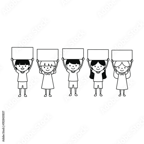 Five cartoon children holding up blank rectangular signs above their heads isolated on white background.
