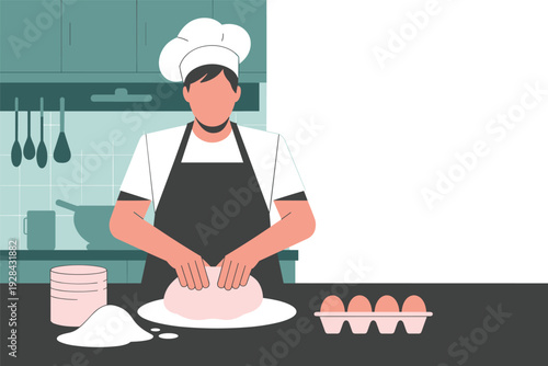Chef preparing dough in modern kitchen with ingredients with copy space