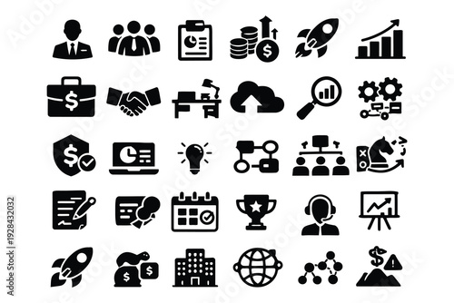 Collection of diverse icons representing business, productivity, and global connectivity