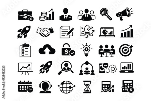 Collection of icons representing business, marketing, technology, and strategy concepts