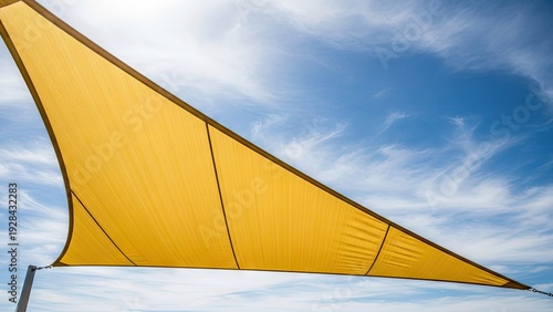 A vibrant yellow shade sail against a bright blue sky with wispy clouds