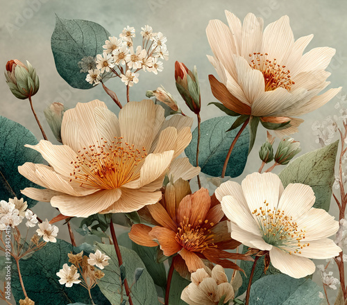 Refined boho cowgirl floral artwork with delicate detailing and soft shadow depth, ideal for commercial prints, stationery, textiles, and decorative backgrounds.