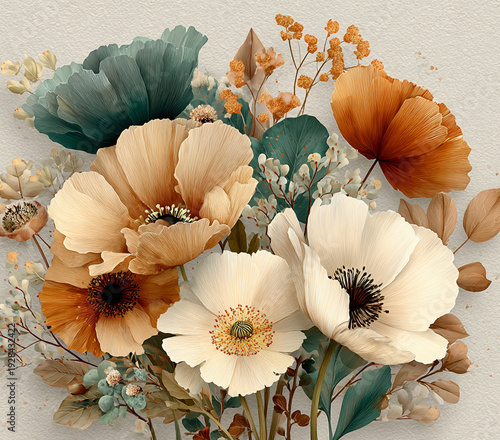 Refined boho cowgirl floral artwork with delicate detailing and soft shadow depth, ideal for commercial prints, stationery, textiles, and decorative backgrounds.