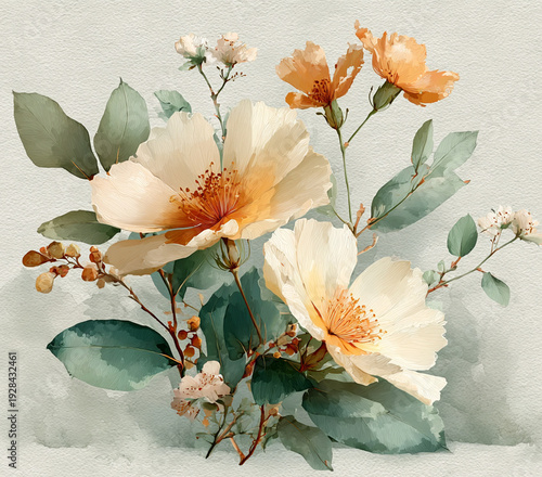 Refined boho cowgirl floral artwork with delicate detailing and soft shadow depth, ideal for commercial prints, stationery, textiles, and decorative backgrounds.