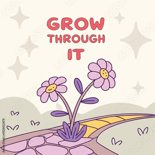 flowers growing out of cracks in a character’s stone body, symbolic illustration style, soft light background, include text ‘GROW THROUGH IT’”