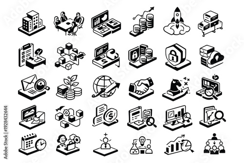 Collection of isometric icons depicting various office and professional activities