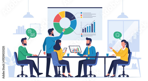 Professional office meeting vector illustration depicting corporate teamwork concept in a business setting with people collaborating effectively