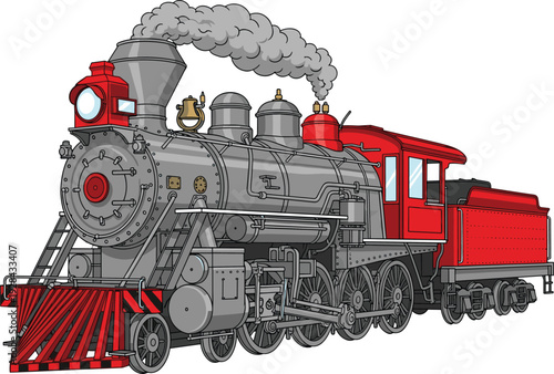Hand drawn vector illustration of a vintage steam locomotive train with red accents blowing smoke isolated on a white background.