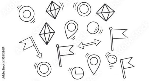 Collection of simple line icons for navigation and orientation including flags location pins and directional arrows on white background