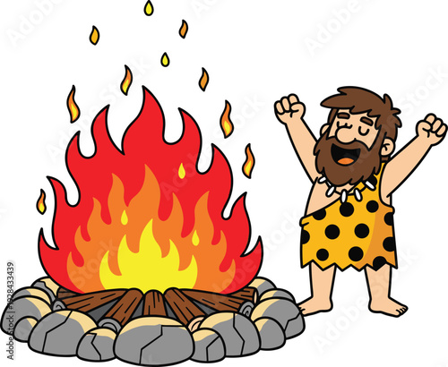 Funny cartoon vector illustration of a happy bearded caveman in leopard print clothing celebrating next to a large stone campfire.