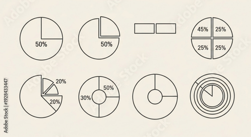 Collection of various pie charts and donut charts with percentage values simple line illustrations on neutral background data visualization elements