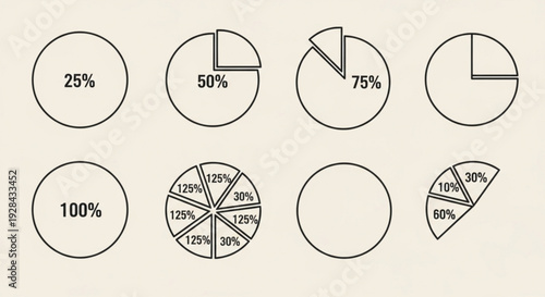 Collection of various pie charts showing different percentages and data distributions black outlines on beige background varying segment sizes and labels