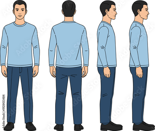 Full body male character model sheet showing front back and side views wearing blue long sleeve shirt and navy trousers.