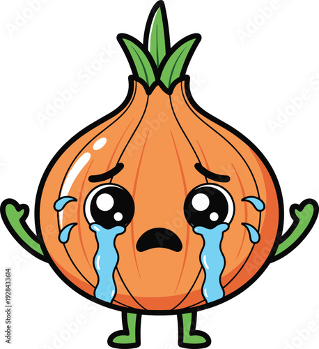 Funny cartoon vector illustration of a sad crying onion character with big watery eyes and tears isolated on white background.
