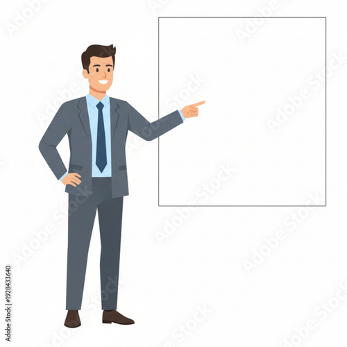 Professional businessman pointing at empty presentation board. Corporate training, seminar, leadership coaching, and financial presentation concept
