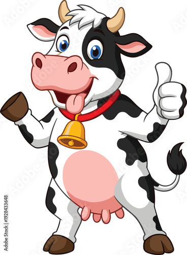 Funny cartoon vector illustration of a happy black and white spotted cow with a bell giving a thumbs up gesture.