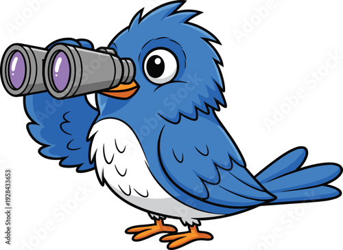 Funny cartoon blue bird vector illustration looking through binoculars to search or watch isolated on a clean white background design.