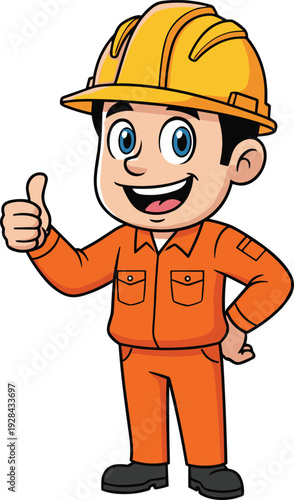 Funny cartoon vector illustration of a happy construction worker wearing an orange jumpsuit and yellow hard hat giving thumbs up.