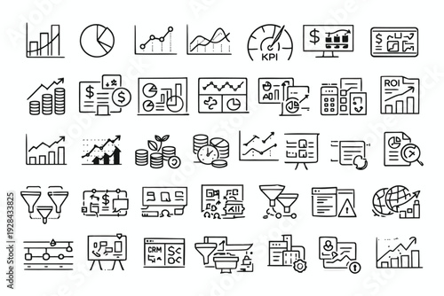 Collection of diverse icons representing business analytics, data visualization, and productivity tools