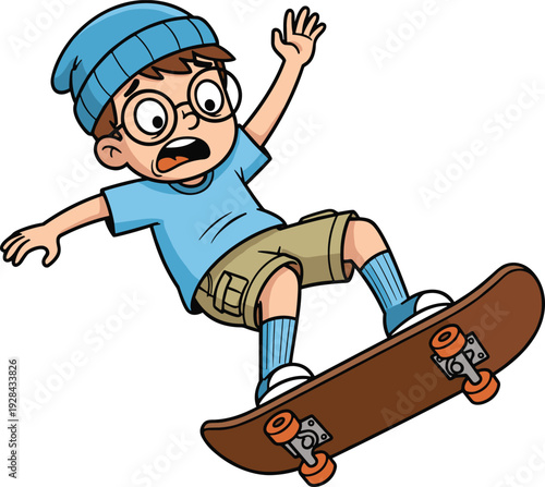 Funny cartoon boy with glasses and beanie losing balance on a skateboard with a scared expression isolated on white background.