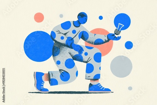 Modern flat gouache illustration of a man holding a glowing light bulb, representing innovation, creative spark, and business ideas on a blue background.