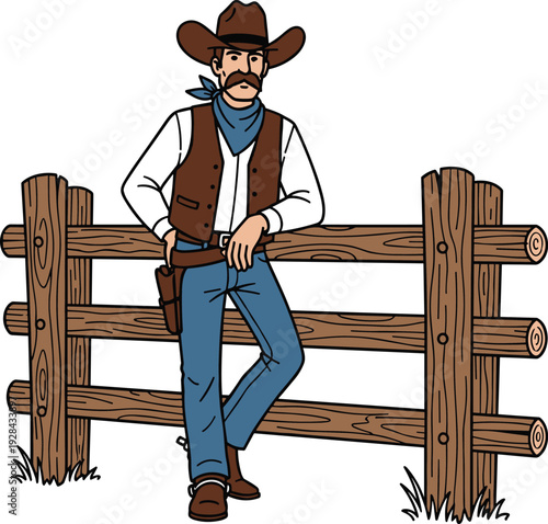 Hand drawn vector illustration of a rugged cowboy with a mustache leaning on a wooden fence in a classic western ranch.