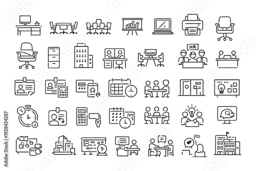 Collection of diverse office and workspace icons depicting various professional environments.