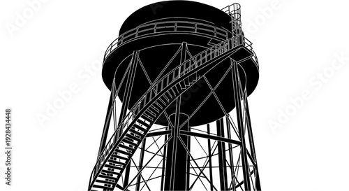 A black and white illustration of a large water tower with a metal staircase