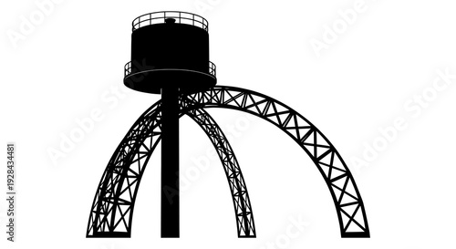 Silhouetted water tower with a distinctive arched support structure against a white background