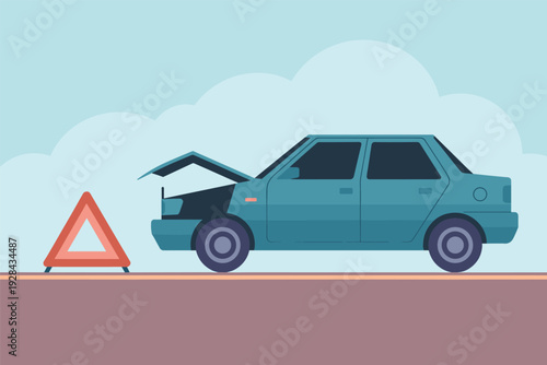 Teal car with hood up next to warning triangle on roadside with copy space