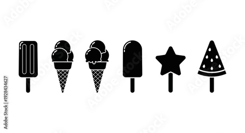 Black and white icons depicting various frozen desserts and shapes